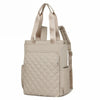 A beige quilted women's backpack tote bag with padded straps.