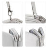 Close-up views of a light gray portable digital accessory organizer pouch with zipper details.