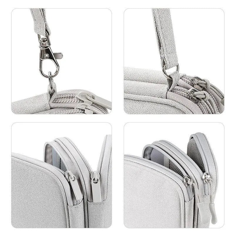 Close-up views of a light gray portable digital accessory organizer pouch with zipper details.