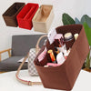 A brown felt purse organizer insert with multiple compartments and a leather strap is shown next to colored organizers.