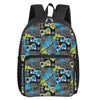 Black backpack featuring a cartoon game controller design in green and yellow on the front pocket.