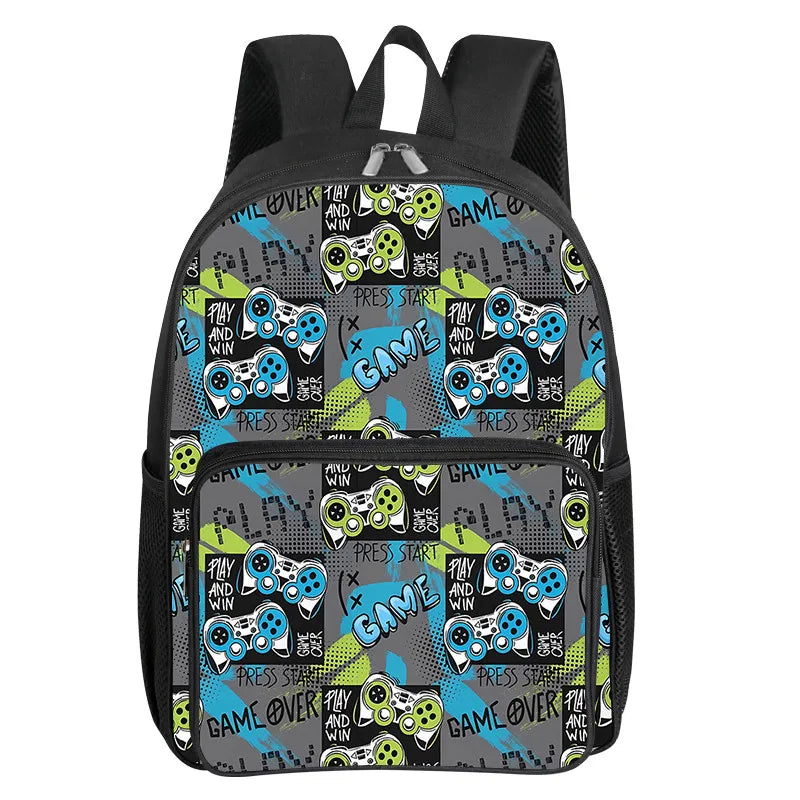 Black backpack featuring a cartoon game controller design in green and yellow on the front pocket.