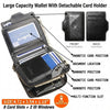 A black leather wallet with detachable card holders and multiple slots for cards and banknotes.