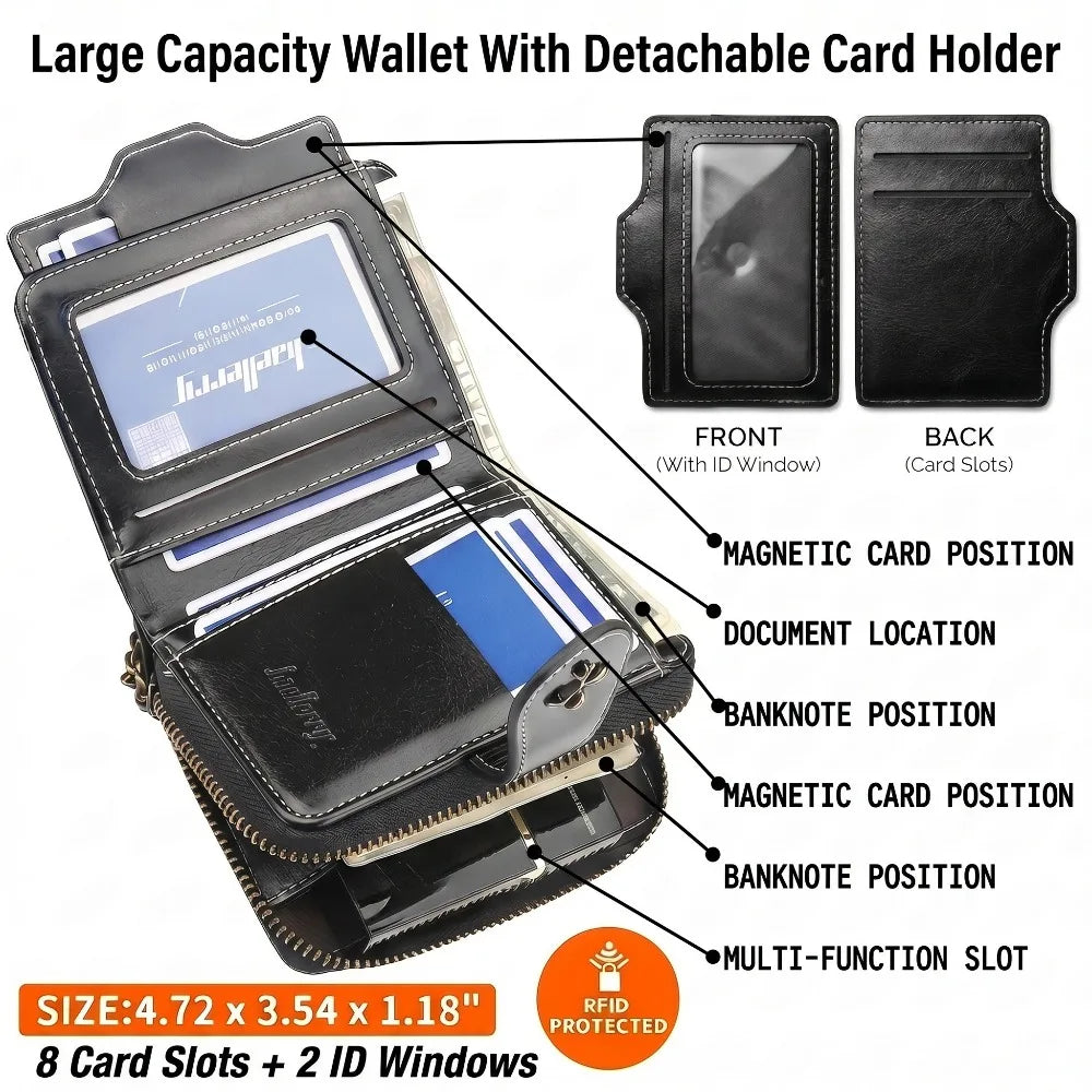A black leather wallet with detachable card holders and multiple slots for cards and banknotes.