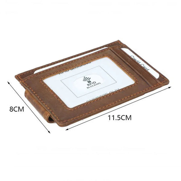 Brown leather slim wallet with RFID blocking protection shown from above.