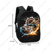 Black racing style backpack featuring a graphic of a car engulfed in flames and lightning.