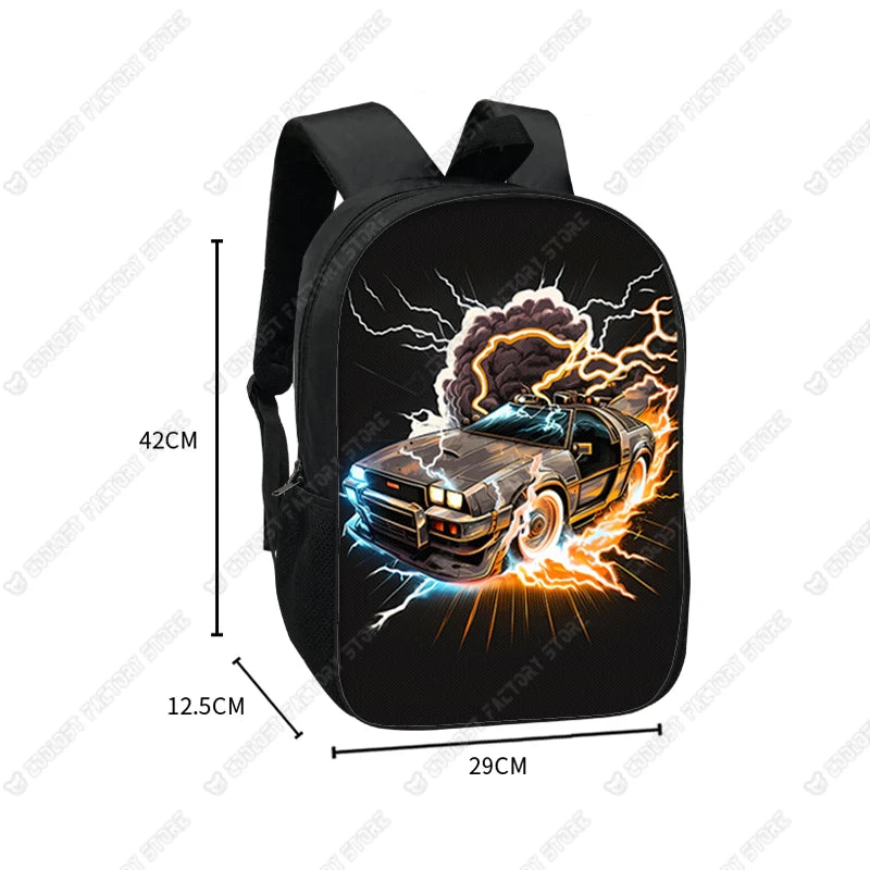 Black racing style backpack featuring a graphic of a car engulfed in flames and lightning.