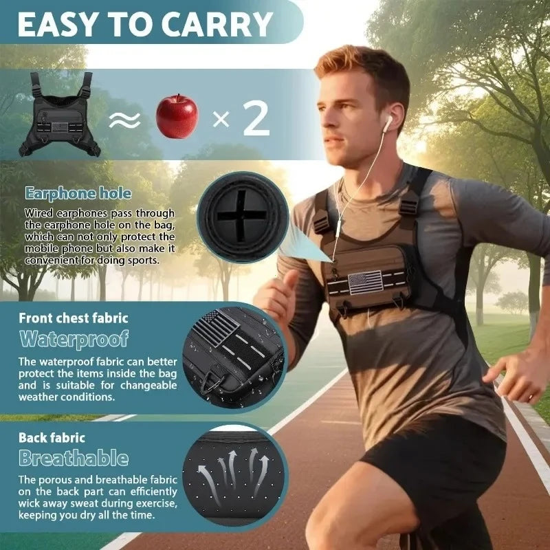 A man wearing a tactical chest bag while jogging, highlighting the waterproof and breathable fabric features.