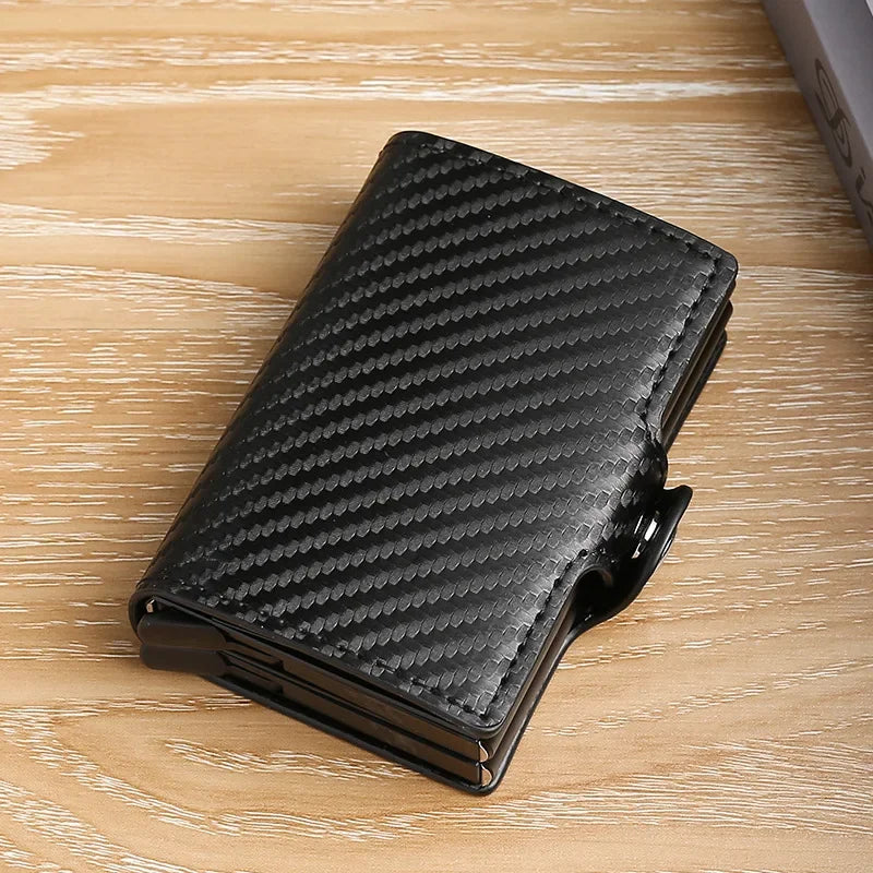 Black premium double layer ID card holder wallet with a textured pattern resting on a wooden surface.