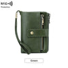 A dark green vintage RFID blocking multi-slot wallet with a leather strap and zipper.