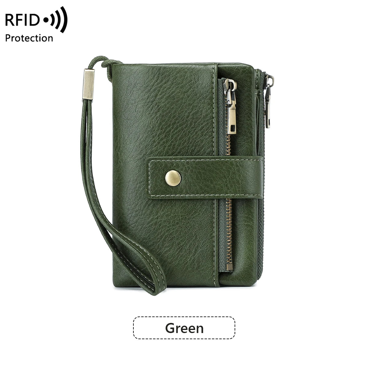 A dark green vintage RFID blocking multi-slot wallet with a leather strap and zipper.