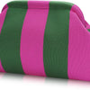 A pink and green striped knit clutch bag lying on a white surface.