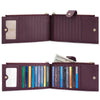A dark purple RFID protection bi-fold wallet with a clear window and multiple card slots.