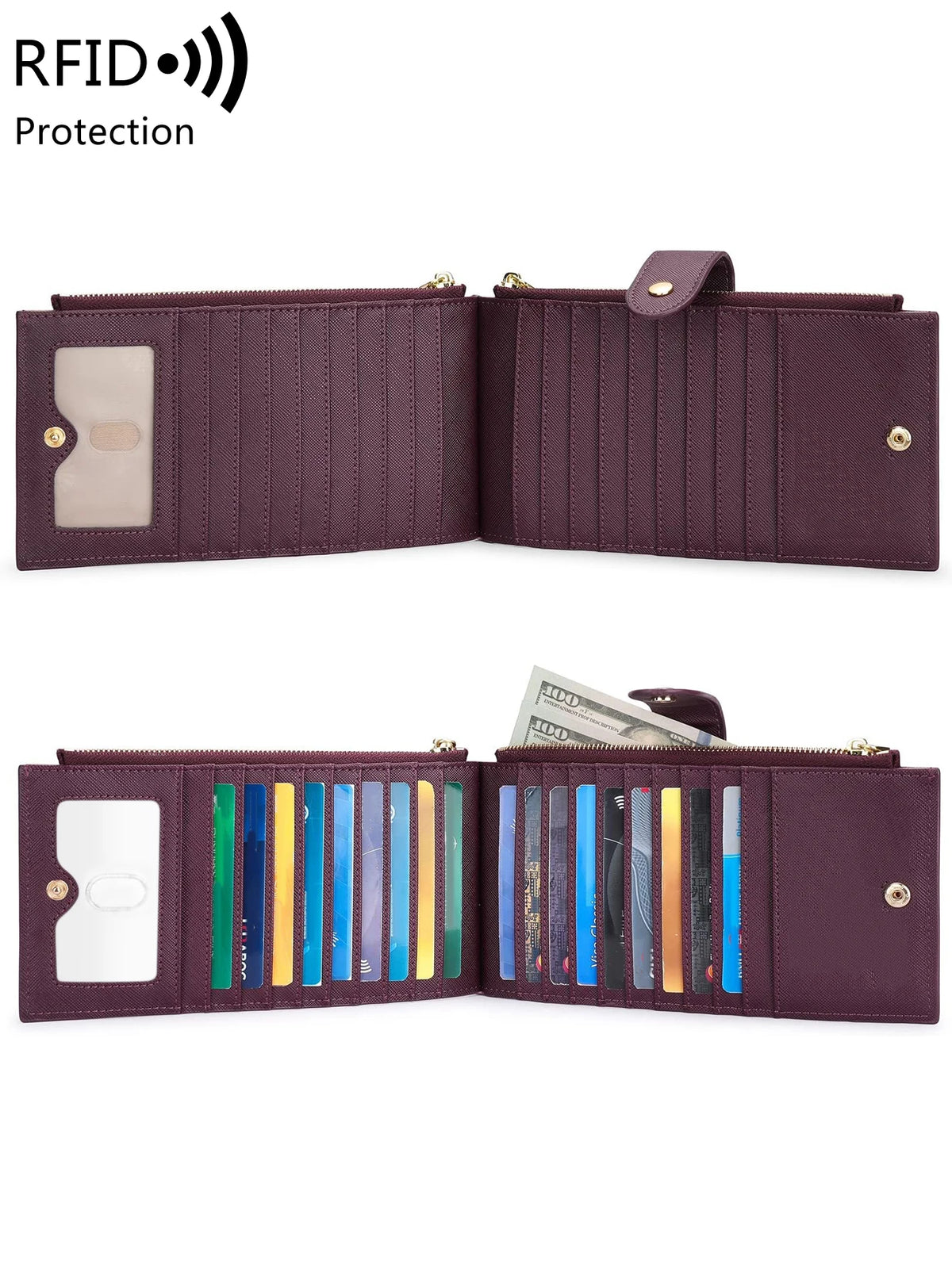 A dark purple RFID protection bi-fold wallet with a clear window and multiple card slots.