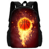 A black backpack featuring a fiery orange basketball design on the front.