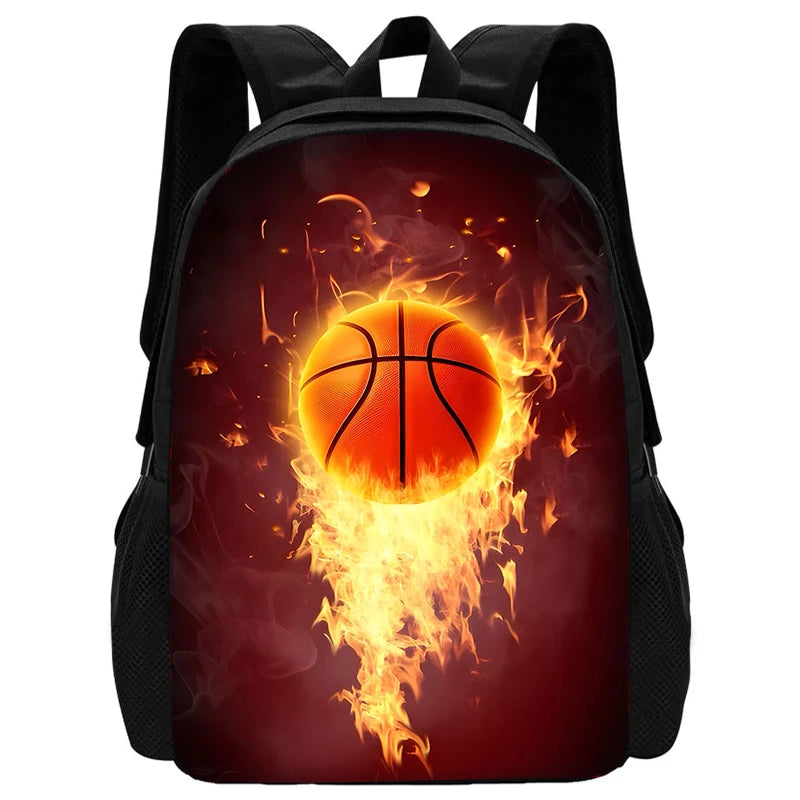 A black backpack featuring a fiery orange basketball design on the front.