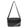 Black crossbody coin purse and mobile phone bag with a geometric pattern and a red and white shark tooth design
