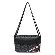 Black crossbody coin purse and mobile phone bag with a geometric pattern and a red and white shark tooth design