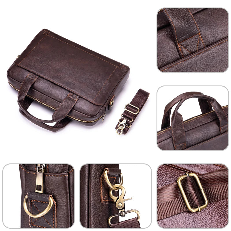 Genuine leather men's briefcase shown in various close-up angles and details.