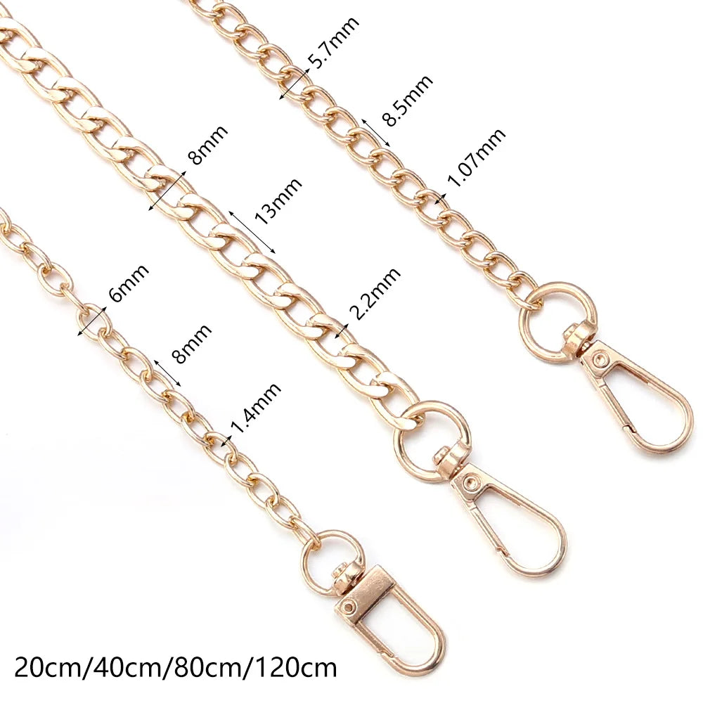 Gold-toned adjustable metal bag strap chains with various lengths and link sizes