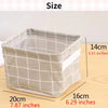 A light beige foldable cotton linen storage basket shown from the top and side, with dimensions provided.