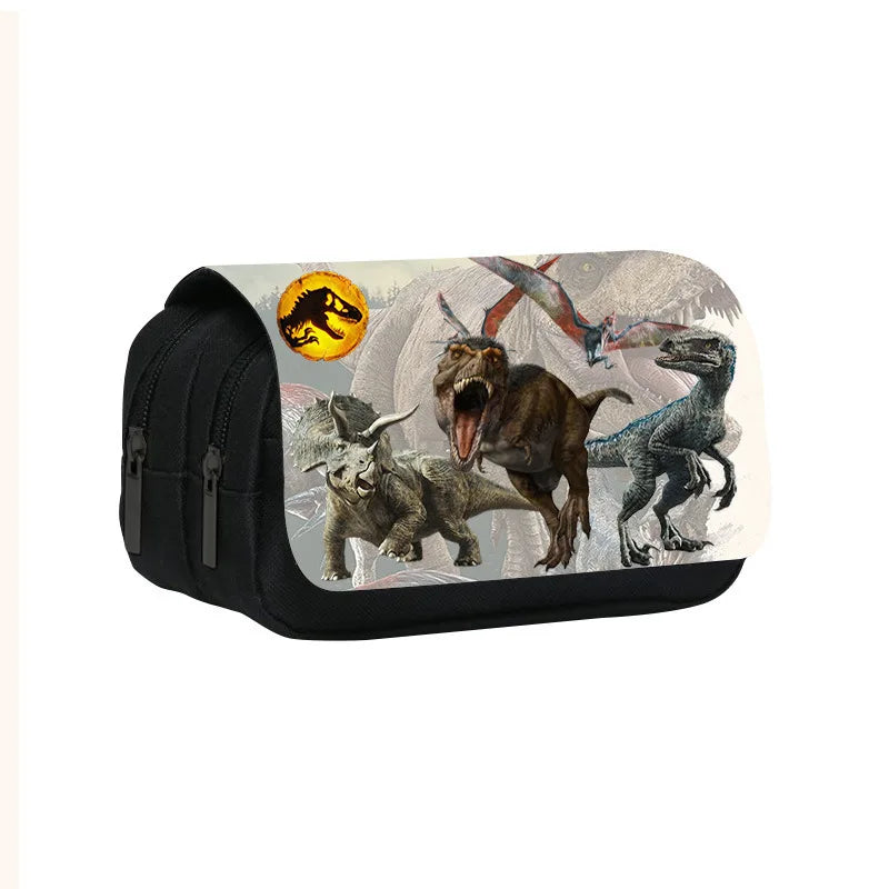 A black pencil case featuring a graphic illustration of various prehistoric dinosaurs.