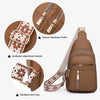 Brown PU leather crossbody chest bag showing various hardware components like pullers and buckles
