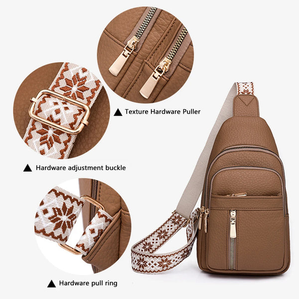 Brown PU leather crossbody chest bag showing various hardware components like pullers and buckles