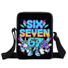 A black pouch featuring colorful text that reads SIX SEVEN and includes a strap for a 3-Piece Kids School Backpack Set.