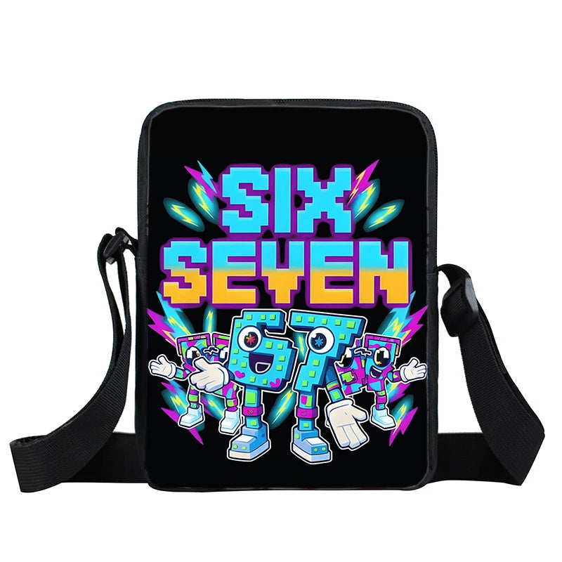 A black pouch featuring colorful text that reads SIX SEVEN and includes a strap for a 3-Piece Kids School Backpack Set.