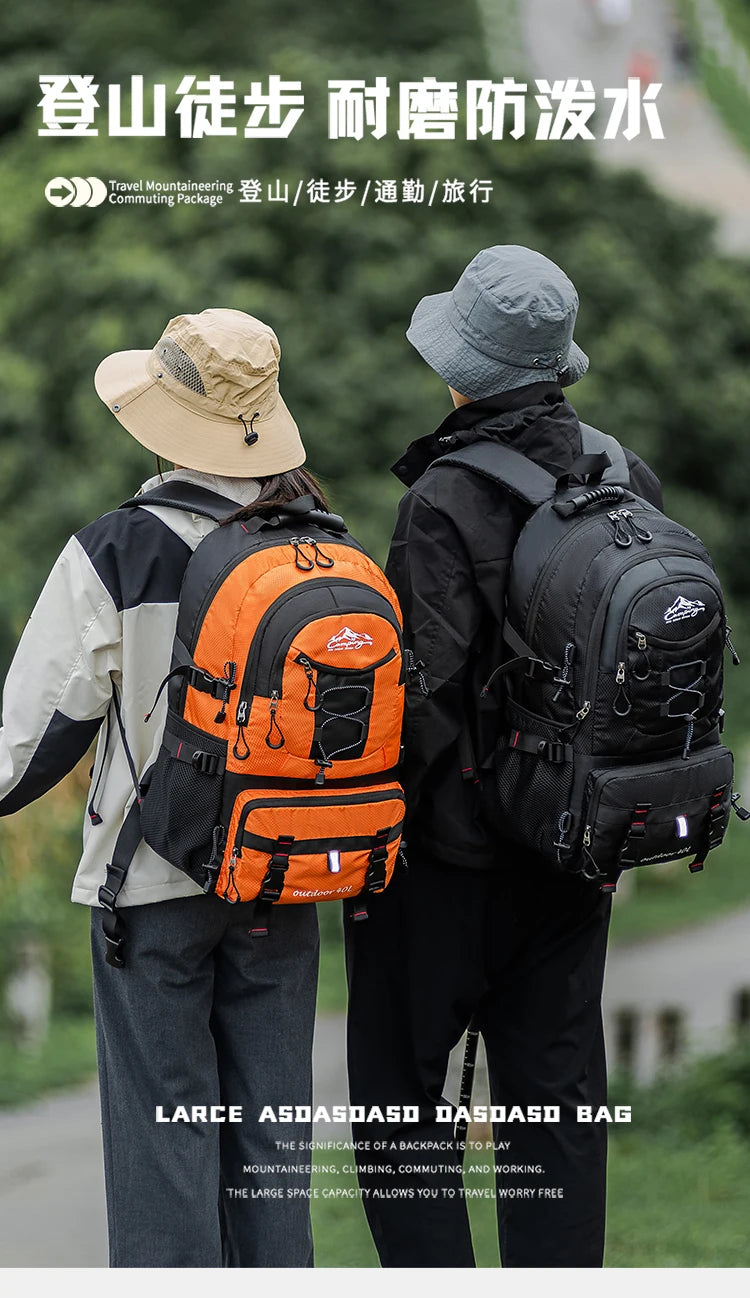 A person wearing a black backpack is shown in an outdoor setting, with an orange and black hiking backpack visible.