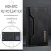 A black retro leather trifold magnetic card holder wallet with stitching and a gold logo.