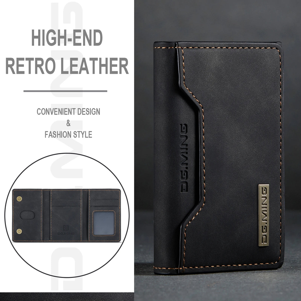 A black retro leather trifold magnetic card holder wallet with stitching and a gold logo.