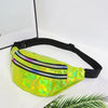 A neon yellow holographic sequin waist bag with a black adjustable strap resting on a white surface.