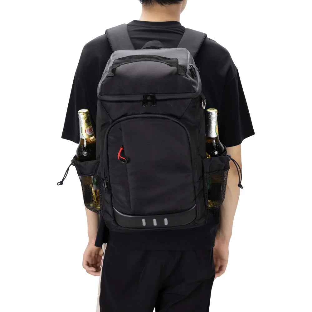 A person is wearing a black insulated picnic cooler backpack with bottle openers on their back.