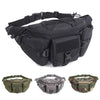 A black tactical waist pack with multiple compartments and a nylon belt for outdoor use.