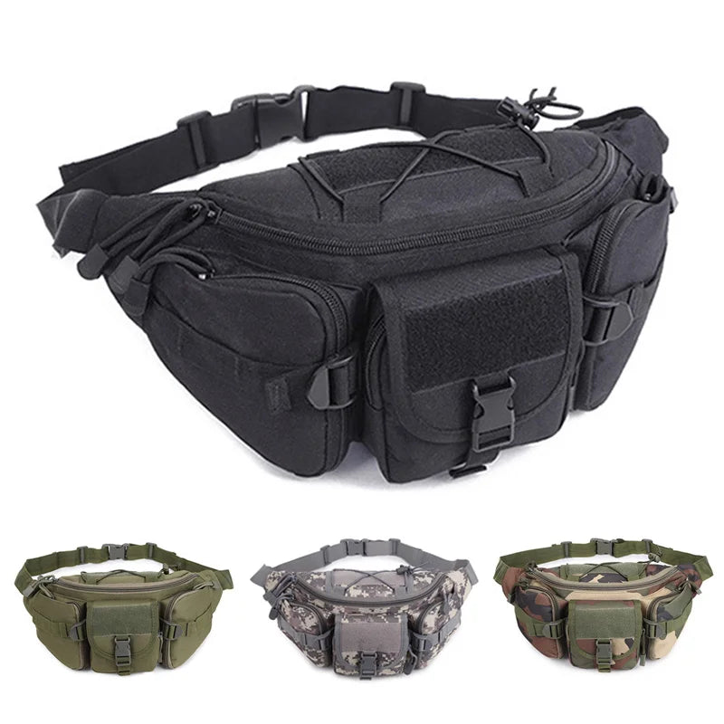 A black tactical waist pack with multiple compartments and a nylon belt for outdoor use.