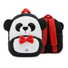 A black and white panda cartoon animal plush backpack with red accents.