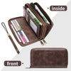 A brown leather wallet shown from the front and inside, displaying various cards and cash.