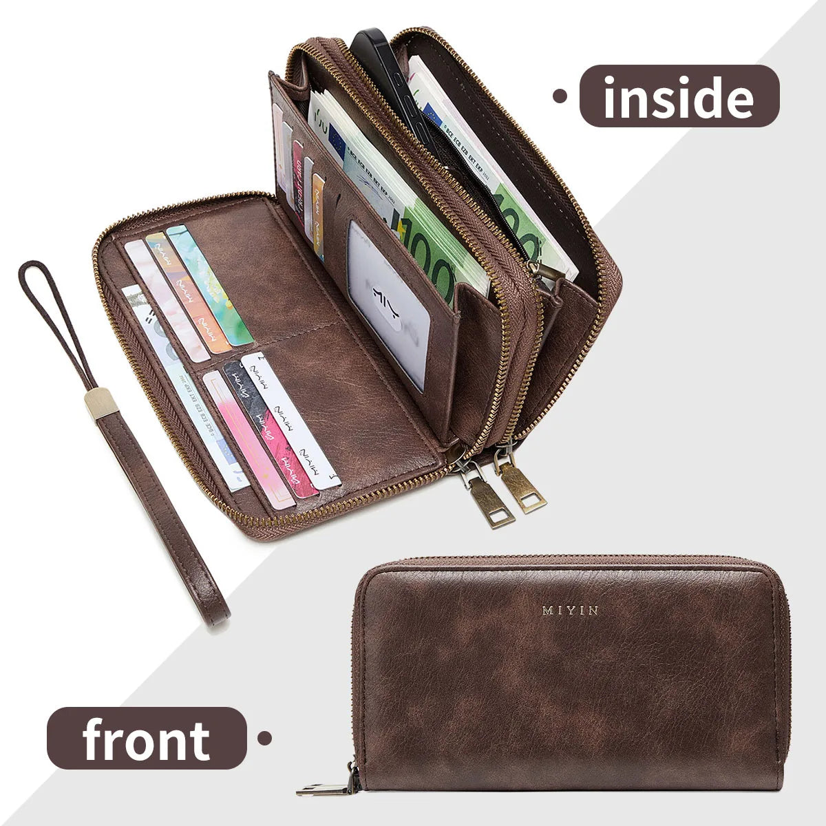 A brown leather wallet shown from the front and inside, displaying various cards and cash.