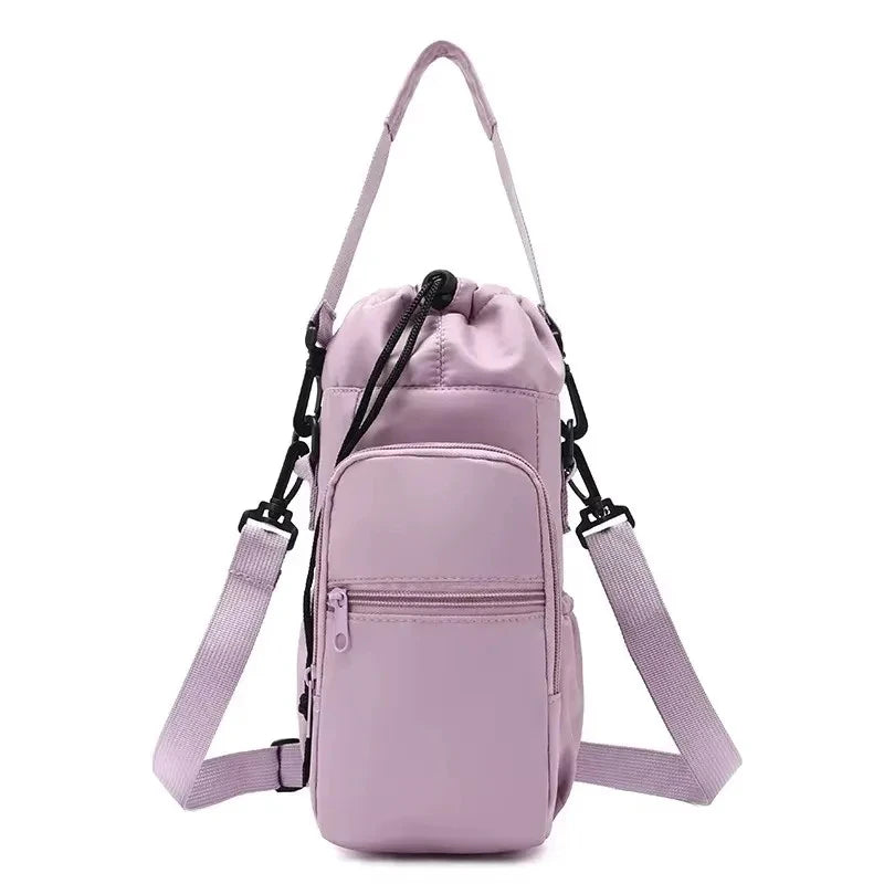 A light purple thermal water bottle bag with adjustable straps.
