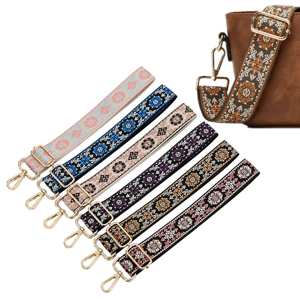 A collection of patterned textile replacement bag straps in various colors and styles, including brown leather and fabric.