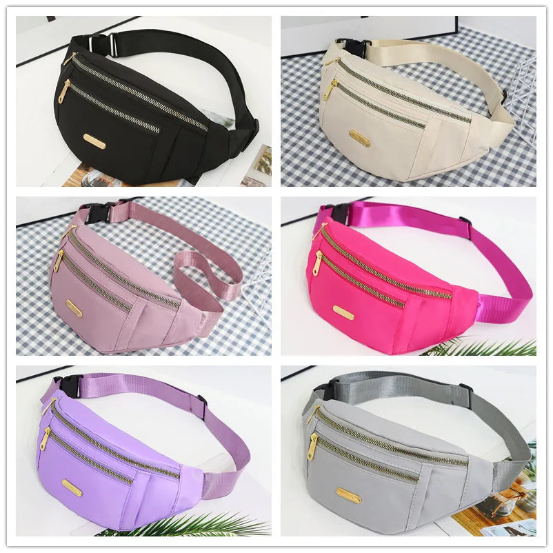 A collection of lightweight nylon crossbody fanny packs in black, beige, pink, and purple.