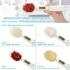 A hand holds a digital kitchen scale measuring different ingredients like liquid, granulate, and powder.