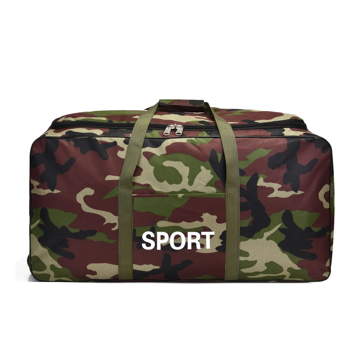 Robuste Tarn-Reise-Duffeltasche in braun-grüner Camouflage-Muster mit Sportlabel.