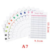 A stack of A7 crocodile ring binder notebook sheets and a budget sheet displayed on a white background.