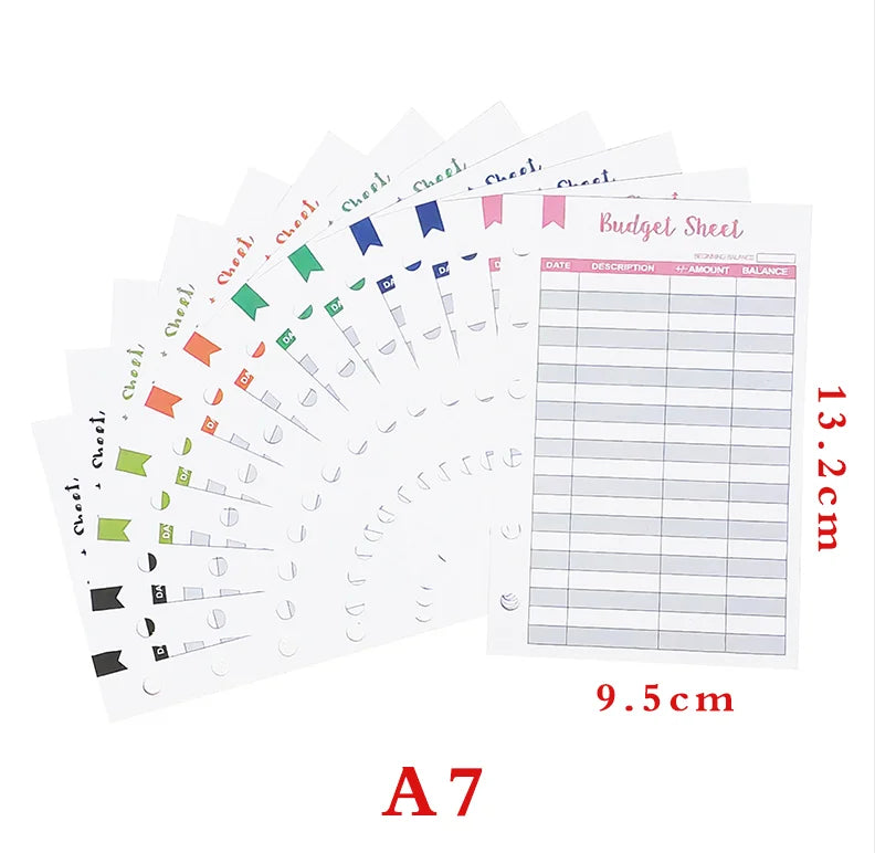 A stack of A7 crocodile ring binder notebook sheets and a budget sheet displayed on a white background.