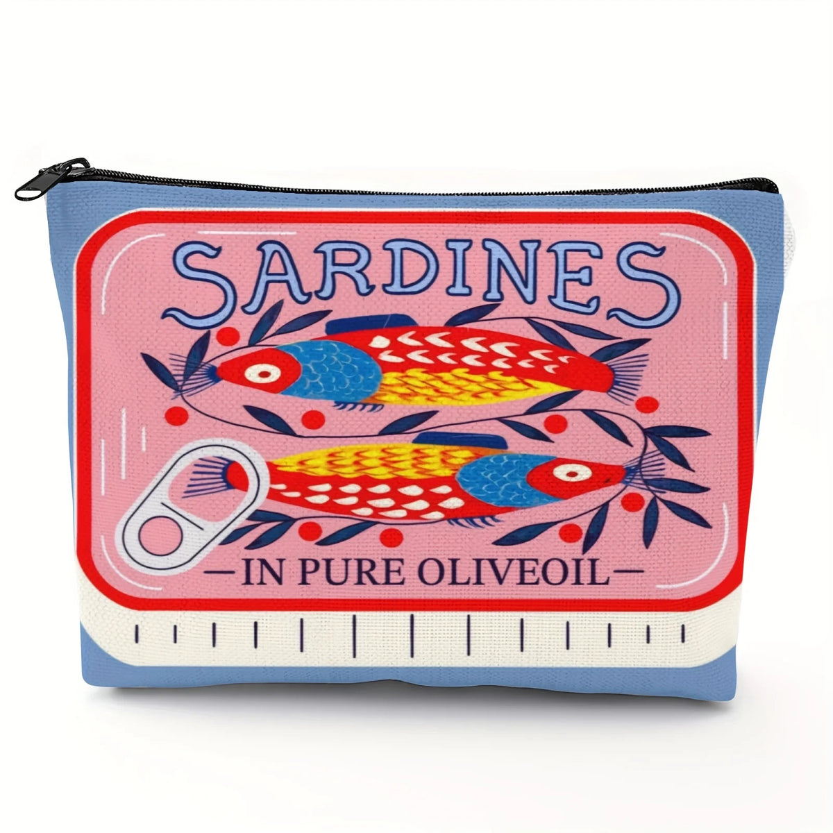 Pinkes und blaues Reißverschlussbeutel mit einer Grafik von Sardinen und dem Text 'pure oliveoil'