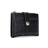Black leather square folding wallet with embossed initials and gold hardware
