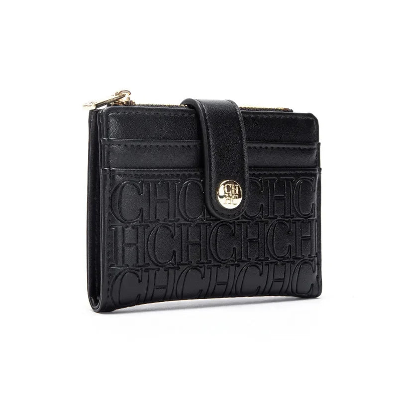 Black leather square folding wallet with embossed initials and gold hardware